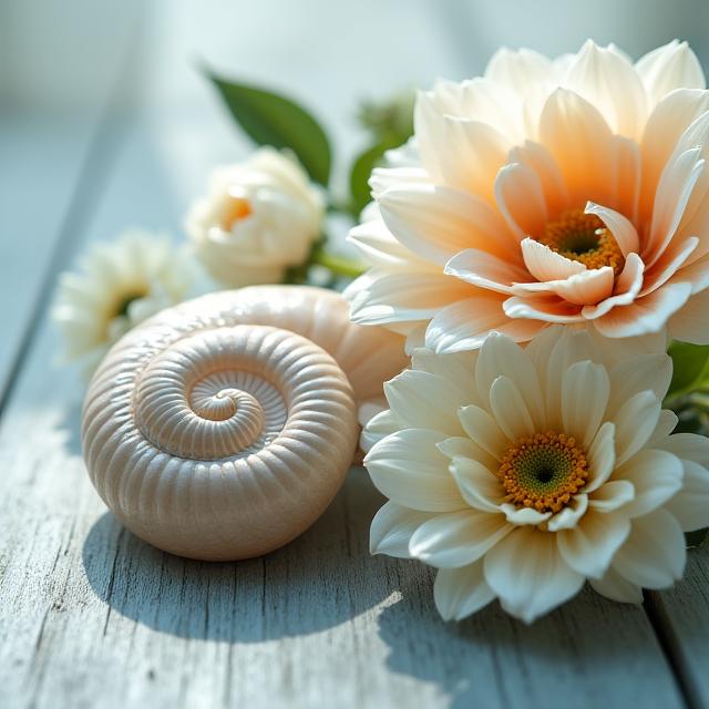A close-up shot of a Nautilus shell's logarithmic spiral next to a floral arrangement mimicking the same shape.