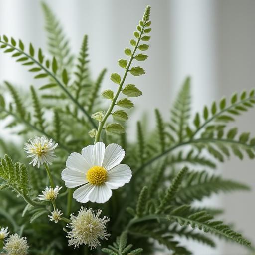 A delicate arrangement using fern leaves and small white flowers.