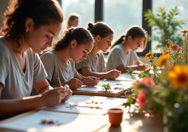 A group of engaged participants sketching flowers during a workshop.
